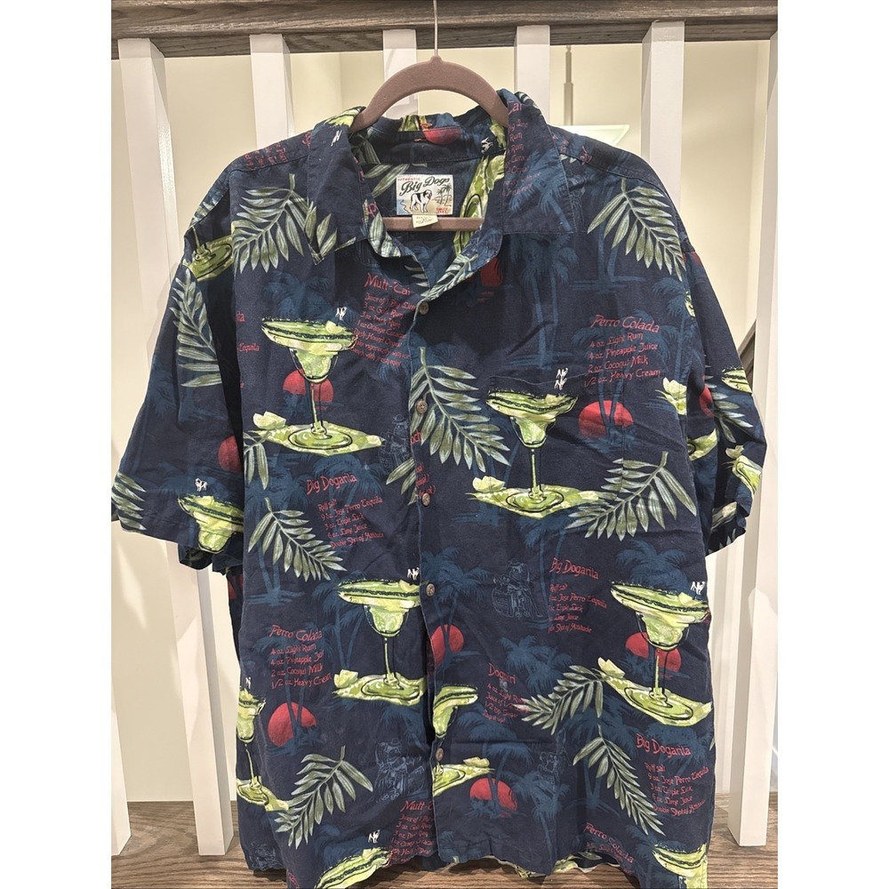 Big Dogs Hawaiian Shirt Men's Sz 2X S/S Button Up Drink Recipes Linen Rayon